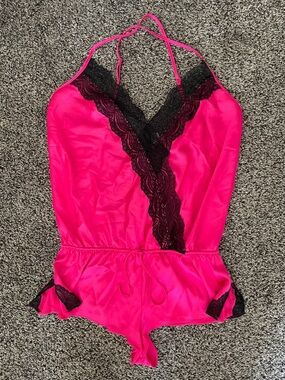 Victoria's Secret Hot Pink Satin Romper with Black Lace